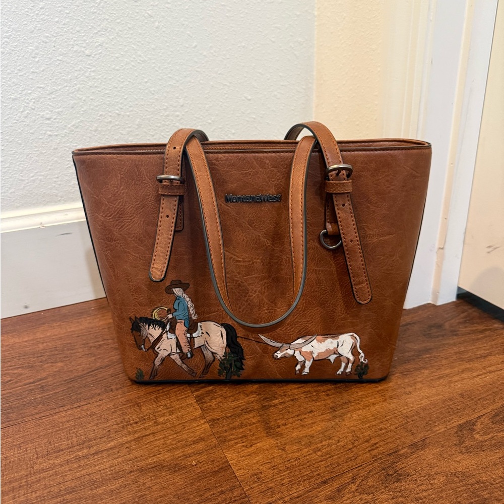 Montana West Brown Faux-Leather Western Tote with Cowboy & Longhorn Art